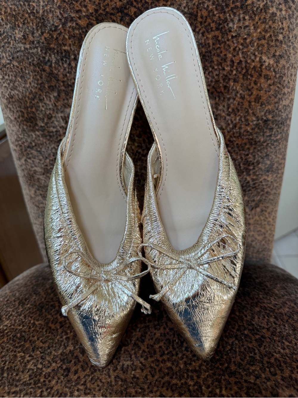 Nicole Miller Metallic Gold Pointed-Toe Bow Backless Mules